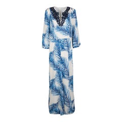 Tory Burch White and Blue Feather Print Sequin Embellished Silk Maxi Dress L