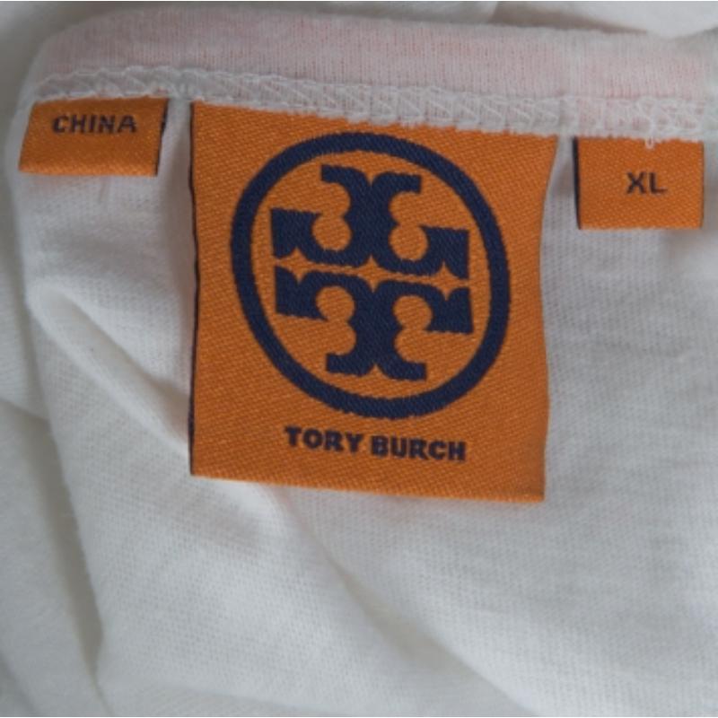 De las mujeres Tory Burch Camiseta manga francesa algodón estampado contraste blanco XL en venta
