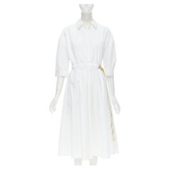 TORY BURCH white cotton floral gold buckle belt midi shirt dress US2 XS