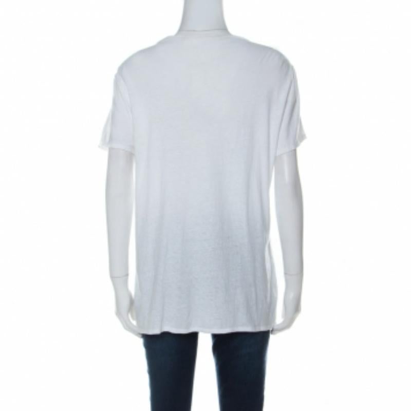 Verde Tory Burch White Cotton Turquoise Bead Embellished T Shirt XL in vendita