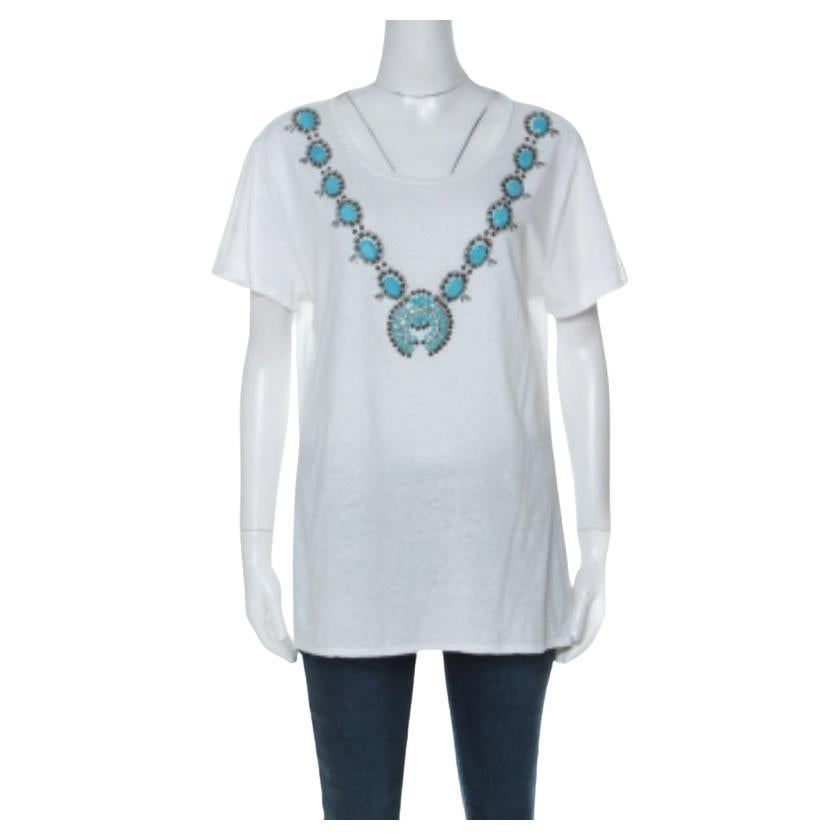 Tory Burch White Cotton Turquoise Bead Embellished T Shirt XL in vendita