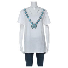Tory Burch White Cotton Turquoise Bead Embellished T Shirt XL