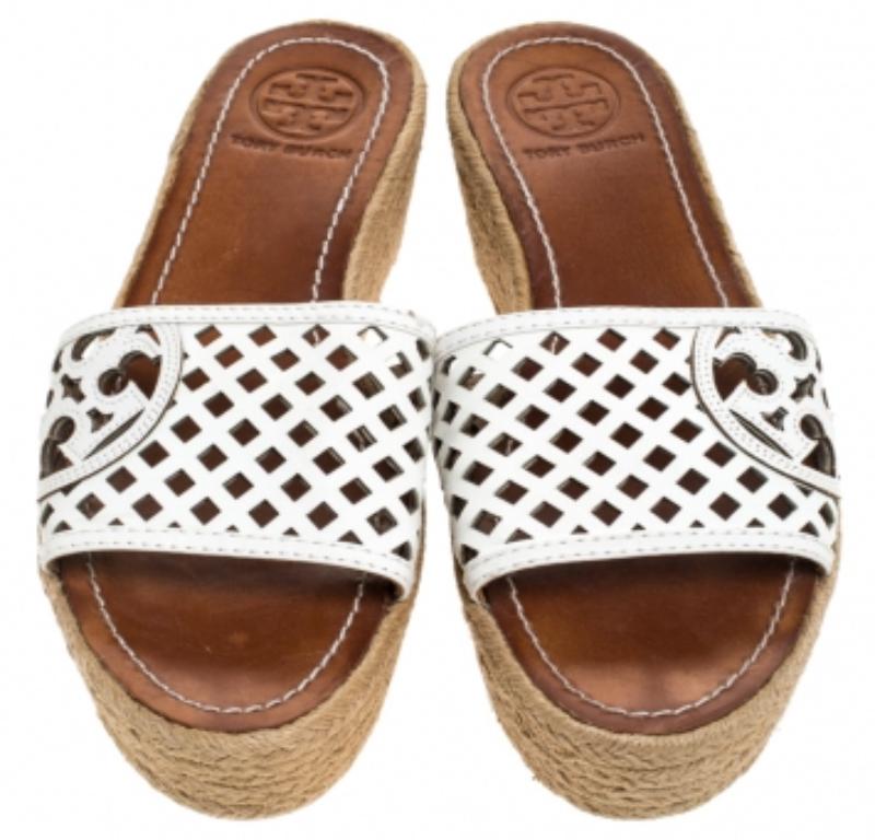 Tory Burch - Sandales compensées espadrilles à découpes blanches, taille 39 Pour femmes en vente