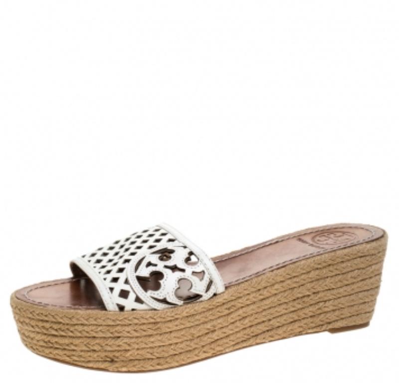 Tory Burch - Sandales compensées espadrilles à découpes blanches, taille 39 en vente 1
