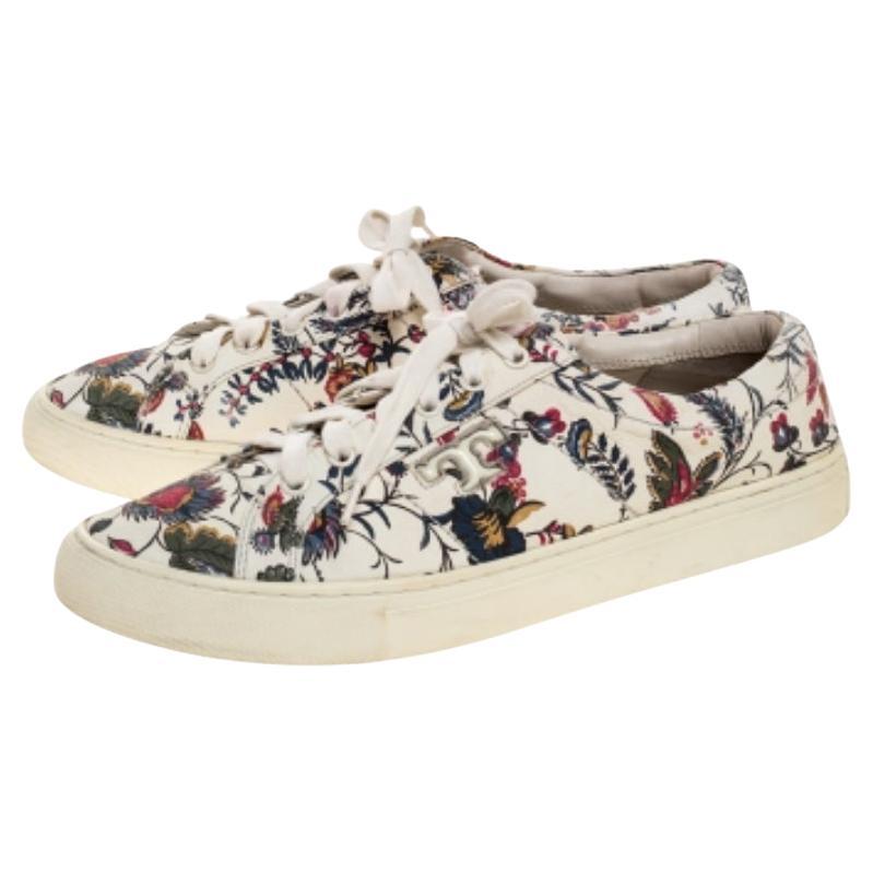 Tory Burch White Floral Print Leather Amalia Low Top Sneakers Size 39.5 In Fair Condition For Sale In Dubai, Al Qouz 2