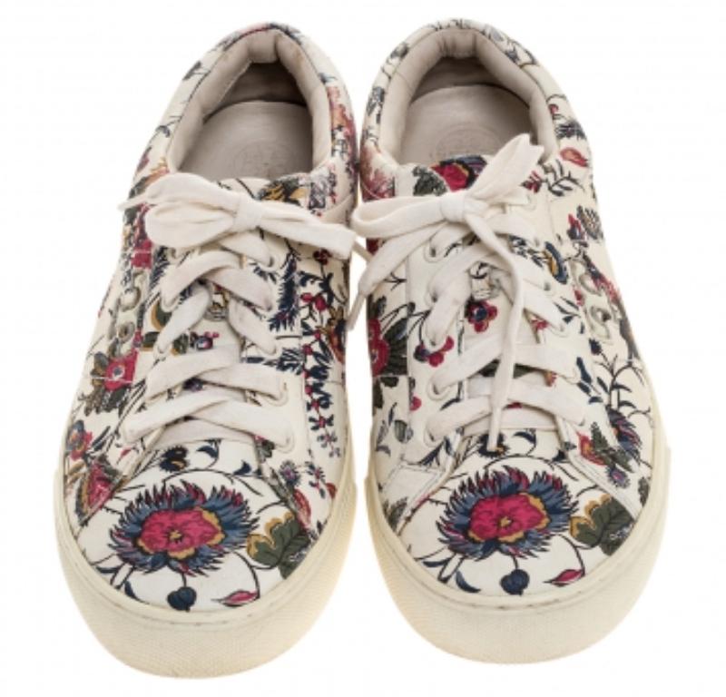 Tory Burch White Floral Print Leather Amalia Low Top Sneakers Size 39.5 For Sale 1