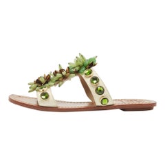 Tory Burch White Patent Leather Floral Crystals Studded Flat Slides Size 36