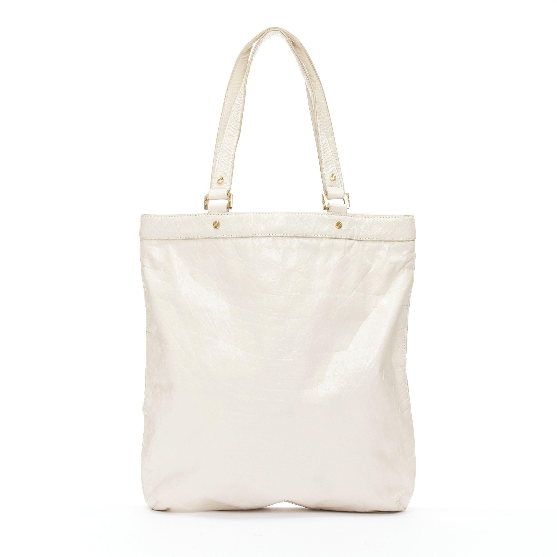 Women's TORY BURCH white textured leather logo patch gold hardware A4 tote bag For Sale