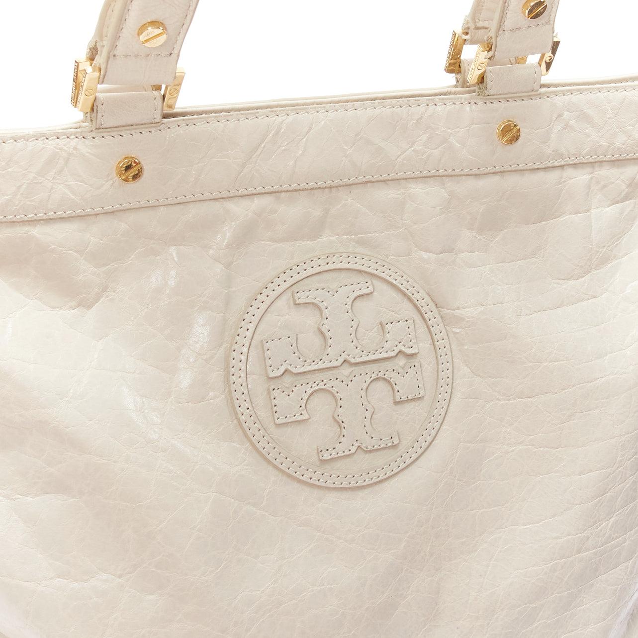 TORY BURCH white textured leather logo patch gold hardware A4 tote bag For Sale 3