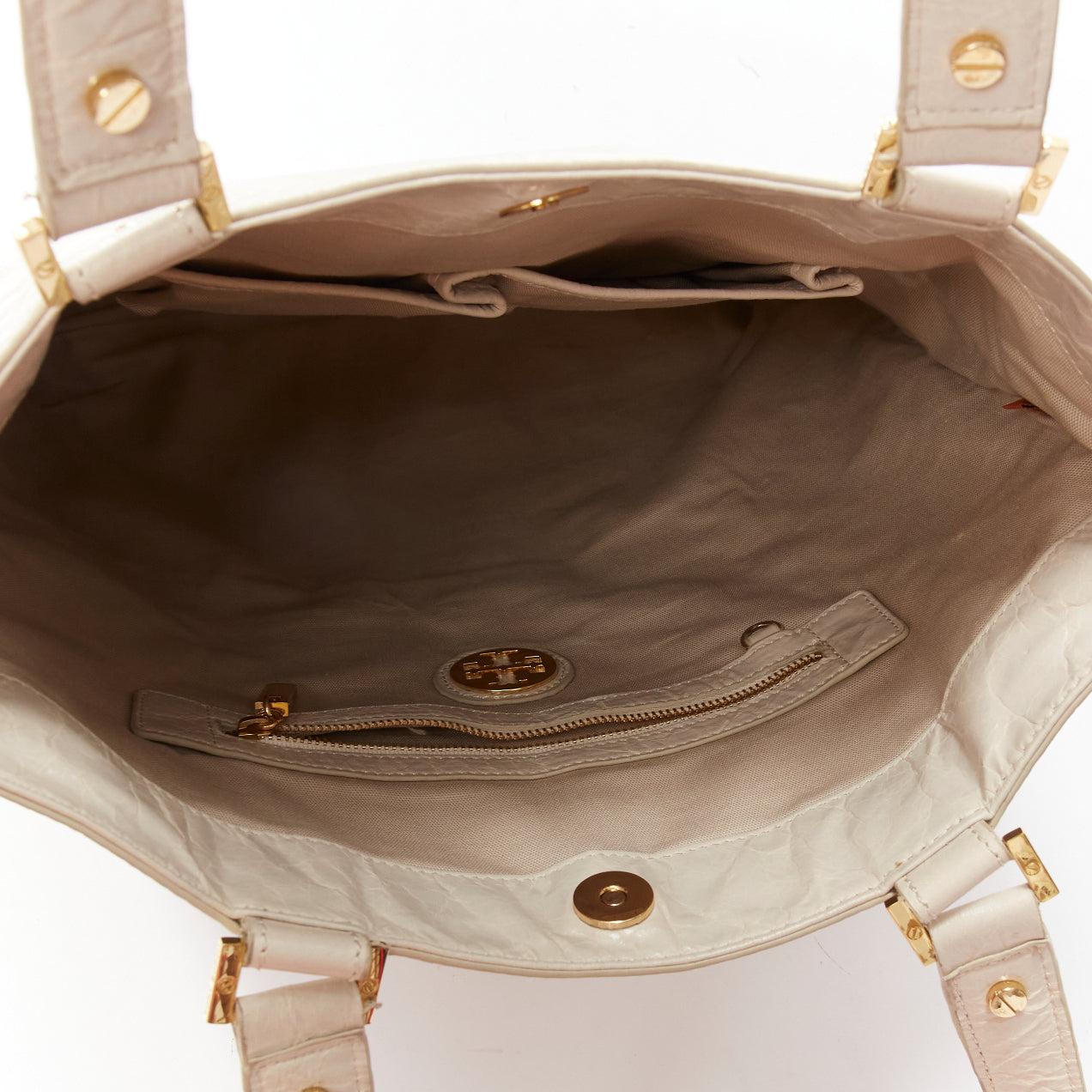 TORY BURCH white textured leather logo patch gold hardware A4 tote bag For Sale 4
