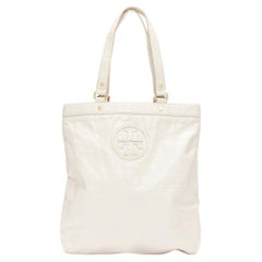 TORY BURCH white textured leather logo patch gold hardware A4 tote bag