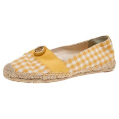 Tory Burch Yellow/White Gingham Fabric And Canvas Espadrille Flats Size 37.5