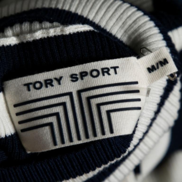 Tory Sport Marineblau-weiß gestreifter Langarmpullover aus Wolle M Damen im Angebot