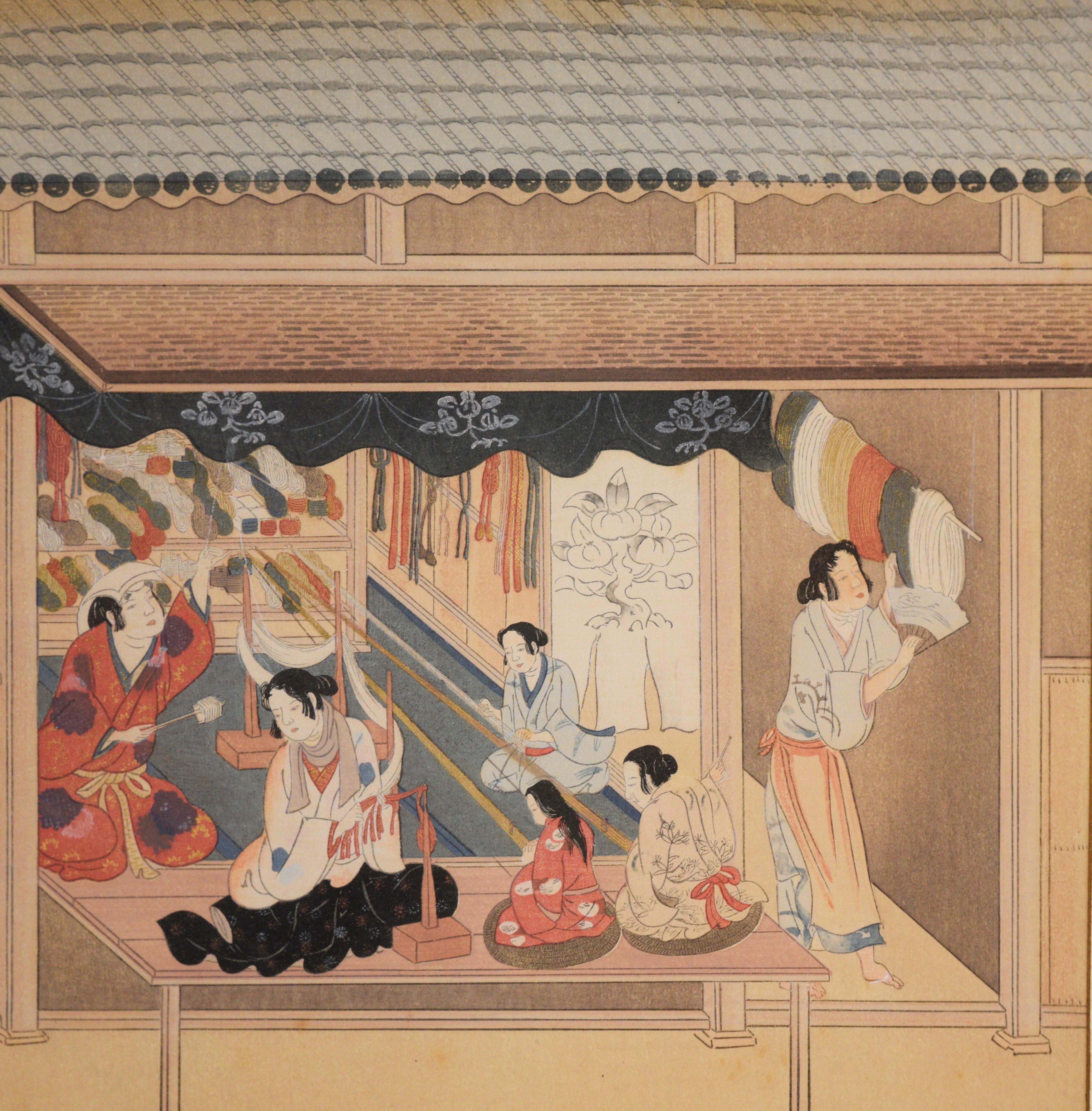 Japanese Artisans - Silk Dying -Japanese Woodblock Print  - Painting by Tosa Mitsuyoshi
