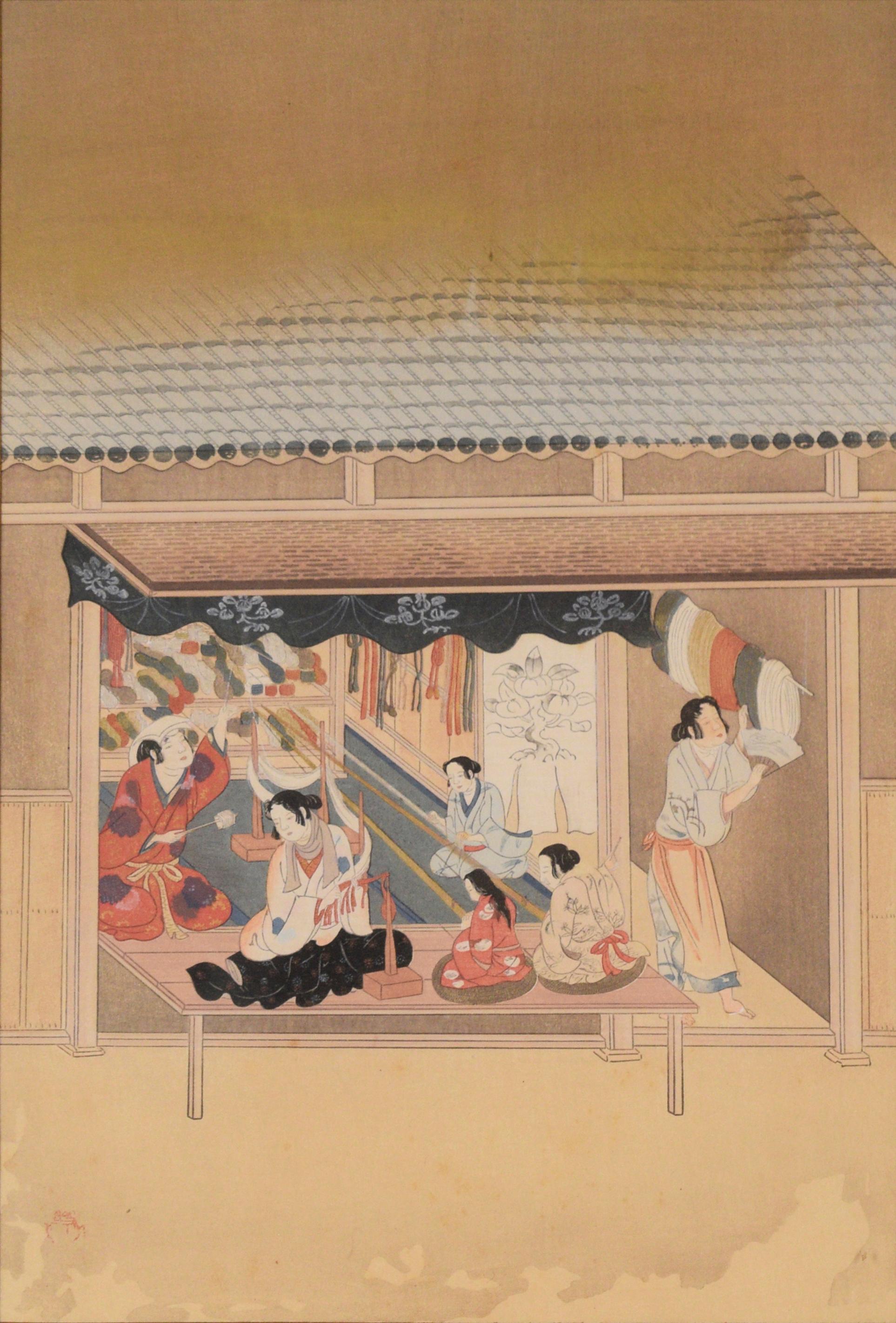 Japanische Kunsthandwerker - Seidenfärbung -Japanischer Farbholzschnitt  (Edo), Painting, von Tosa Mitsuyoshi