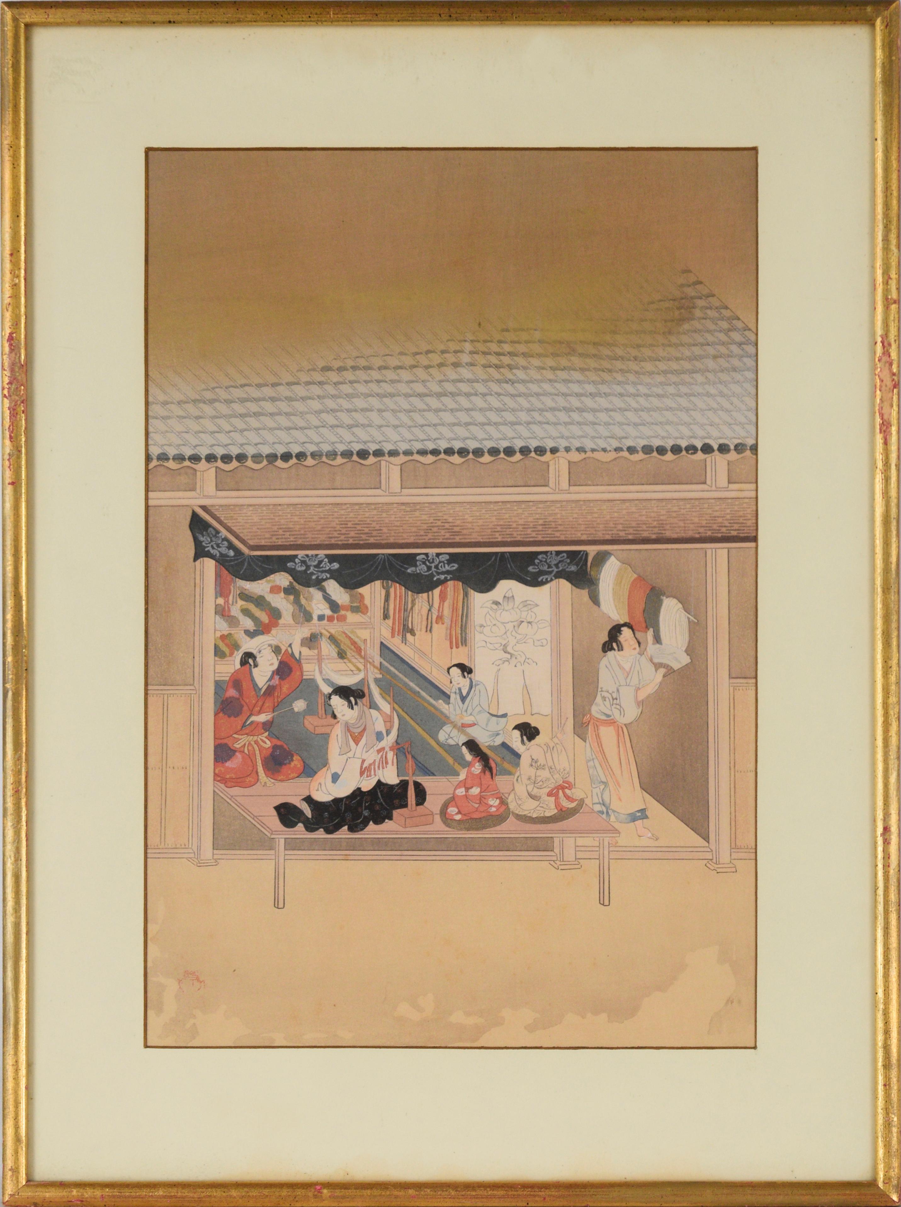 Tosa Mitsuyoshi Landscape Painting - Japanese Artisans - Silk Dying -Japanese Woodblock Print 