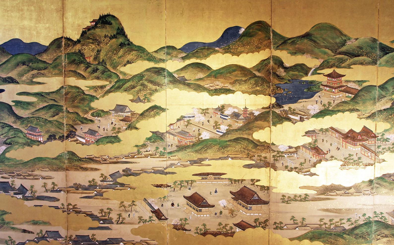Edo Tosa School, Japanese Folding Screen Kyoto Old Town Landscape