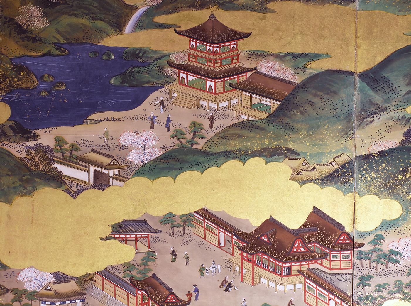 Hand-Painted Tosa School, Japanese Folding Screen Kyoto Old Town Landscape