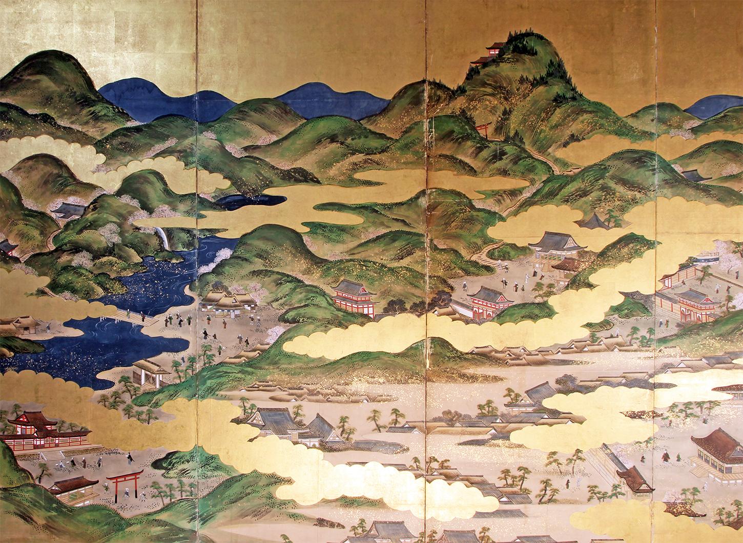 Tosa School, Japanese Folding Screen Kyoto Old Town Landscape In Good Condition In Brescia, IT