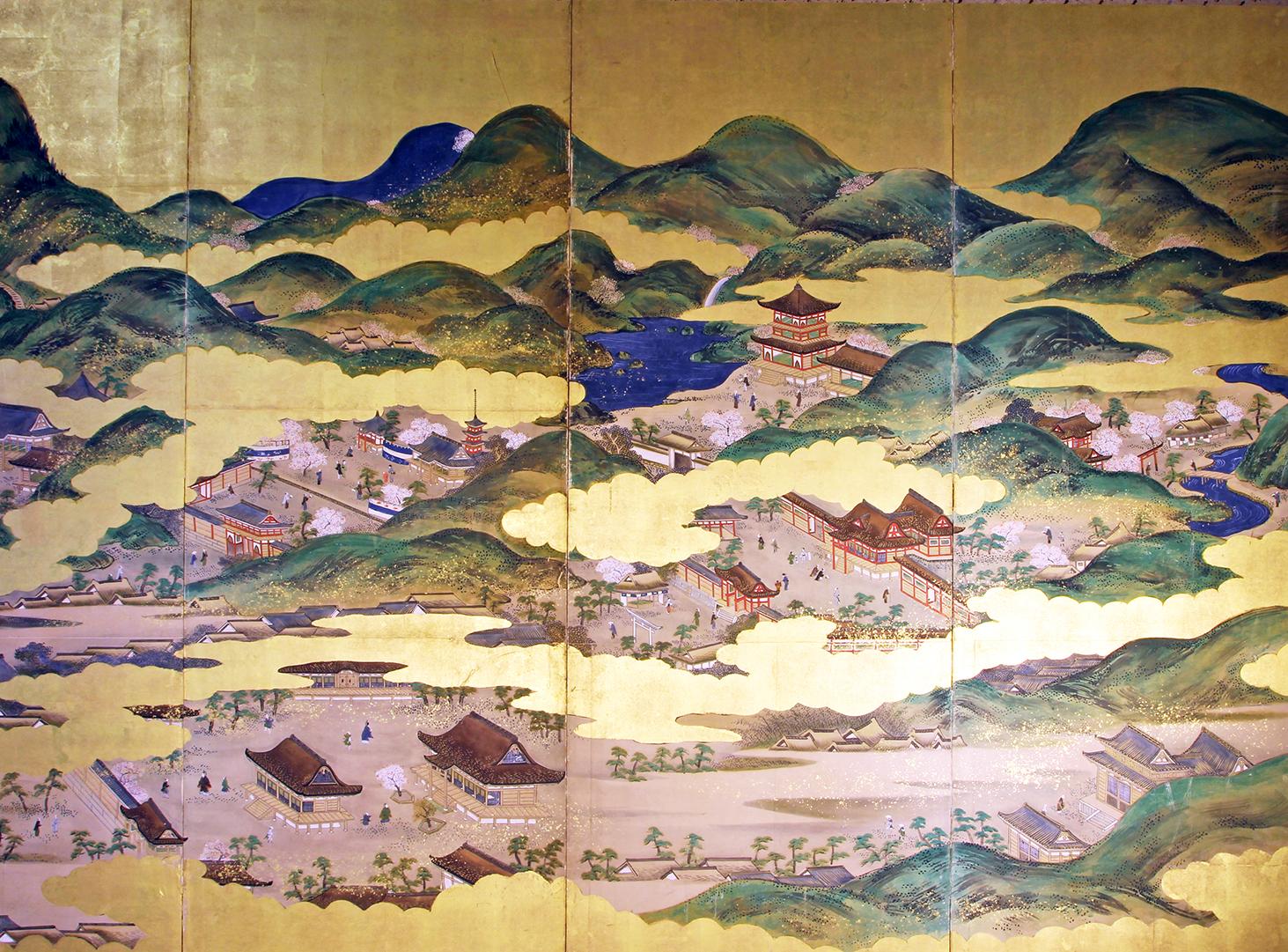 Gold Leaf Tosa School, Japanese Folding Screen Kyoto Old Town Landscape