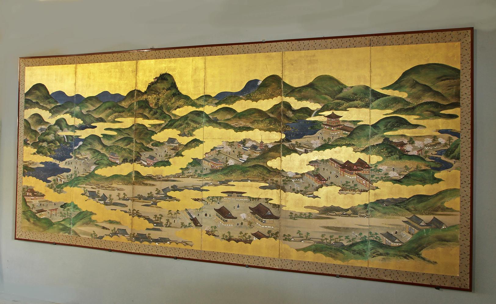 Tosa School, Japanese Folding Screen Kyoto Old Town Landscape 1