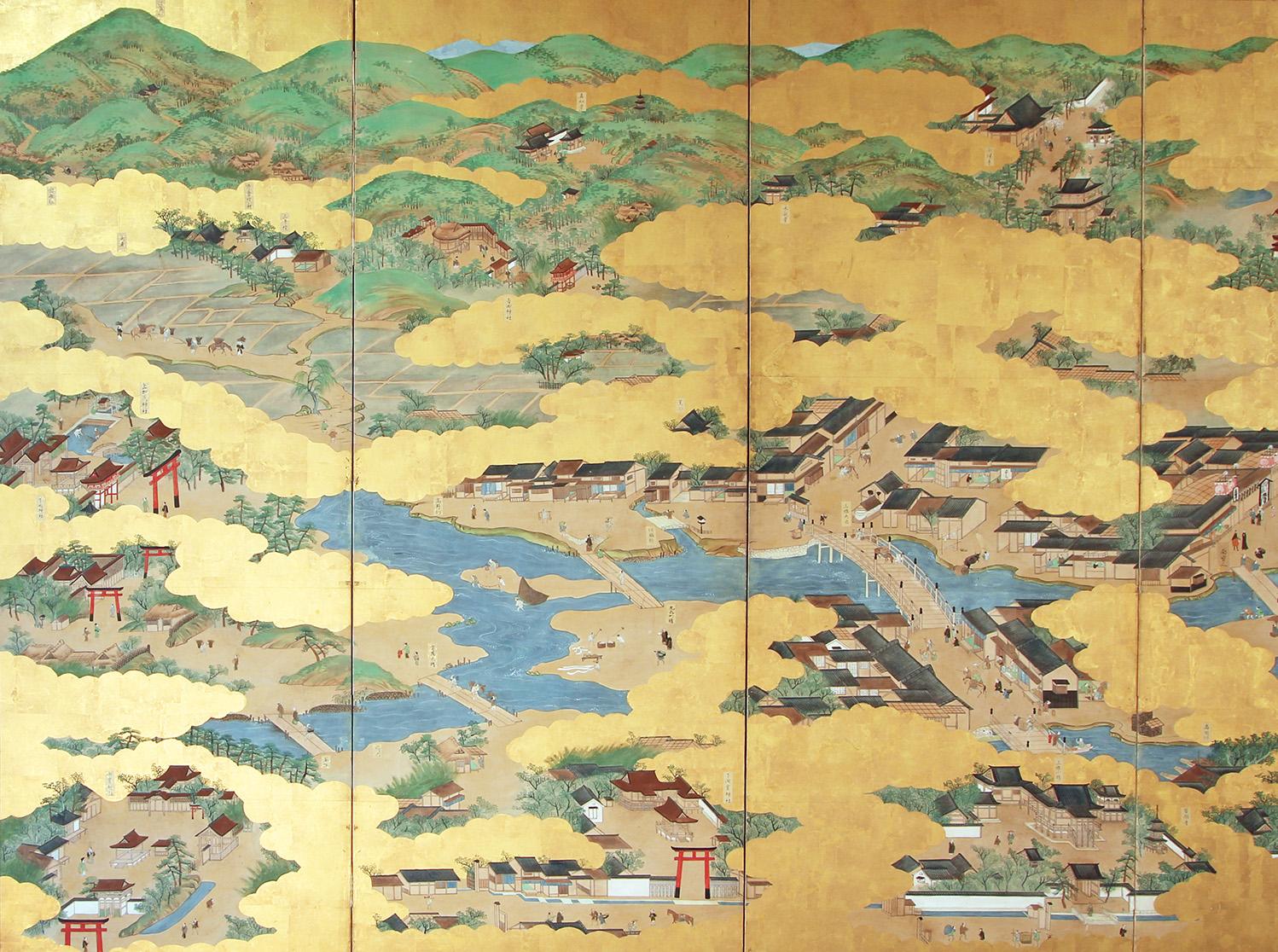 Del periodo Edo questo grande paravento giapponese che riproduce l'antica città di Kyoto e i suoi sobborghi.
Dipinto con inchiostri e pigmenti minerali, fin nei minimi dettagli su carta di riso e foglia d'oro zecchino, questo paravento 