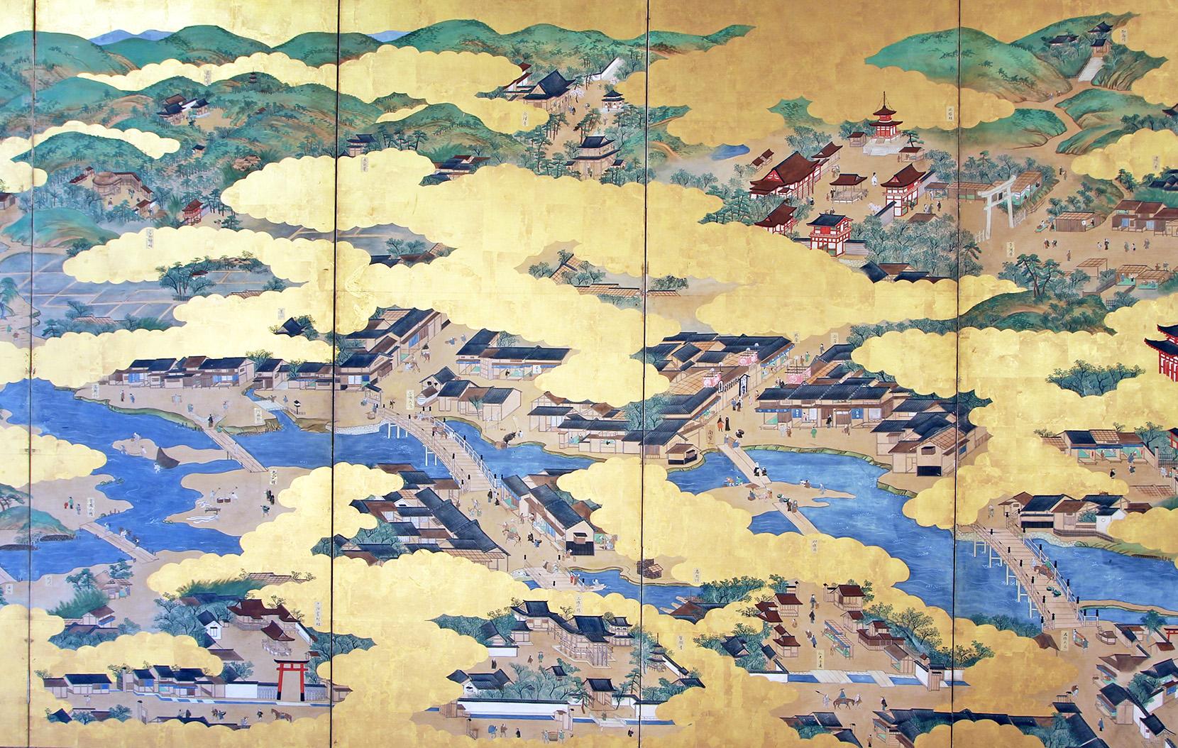 Edo Tosa School, paravento giapponese, paesaggio della città vecchia di Kyoto For Sale