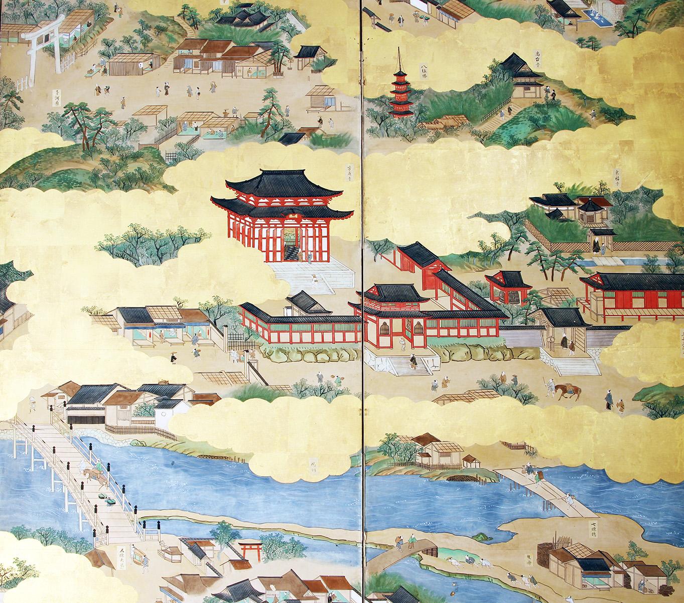 Japanese Tosa School, paravento giapponese, paesaggio della città vecchia di Kyoto For Sale