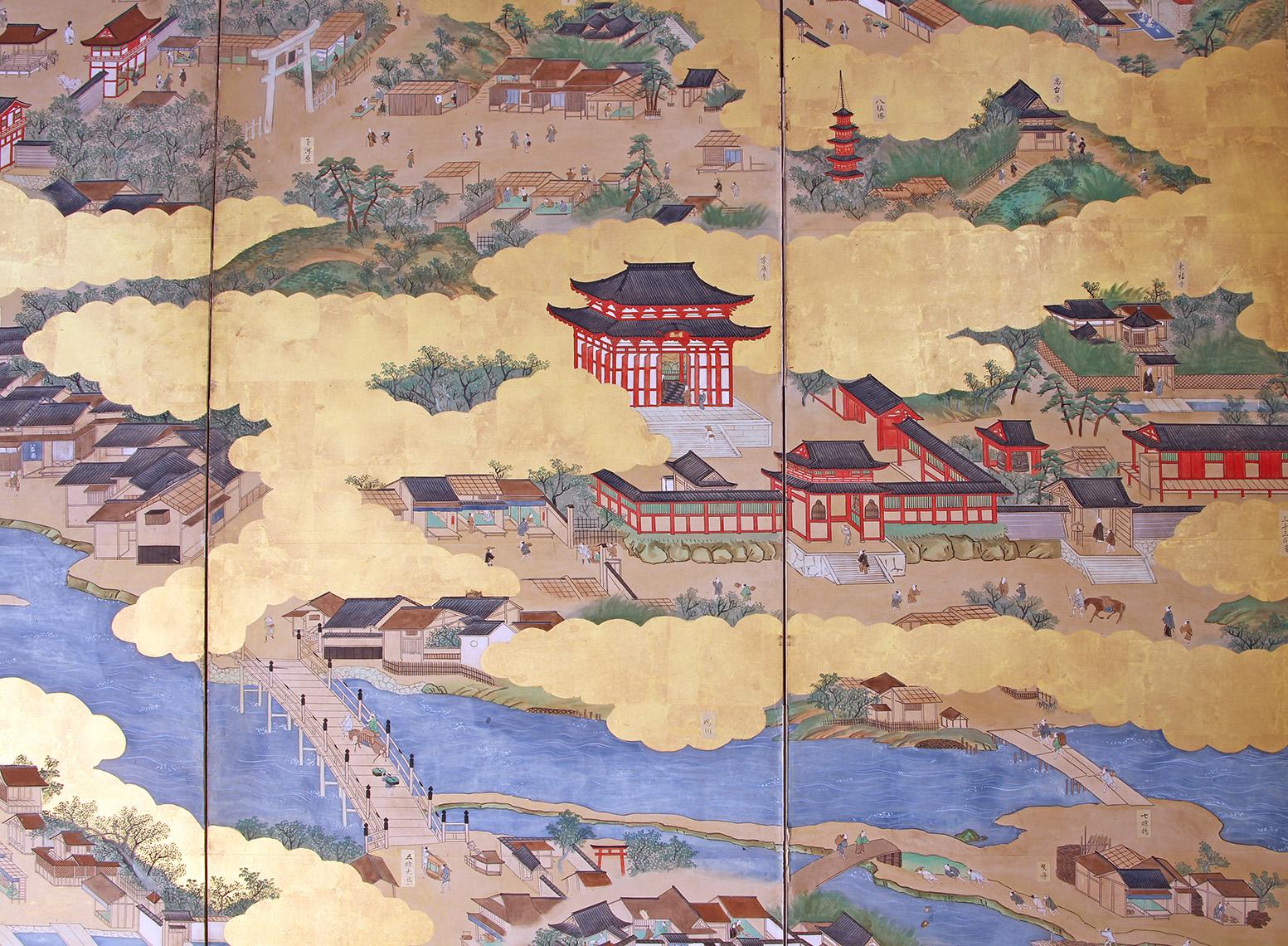 19th Century Tosa School, paravento giapponese, paesaggio della città vecchia di Kyoto For Sale