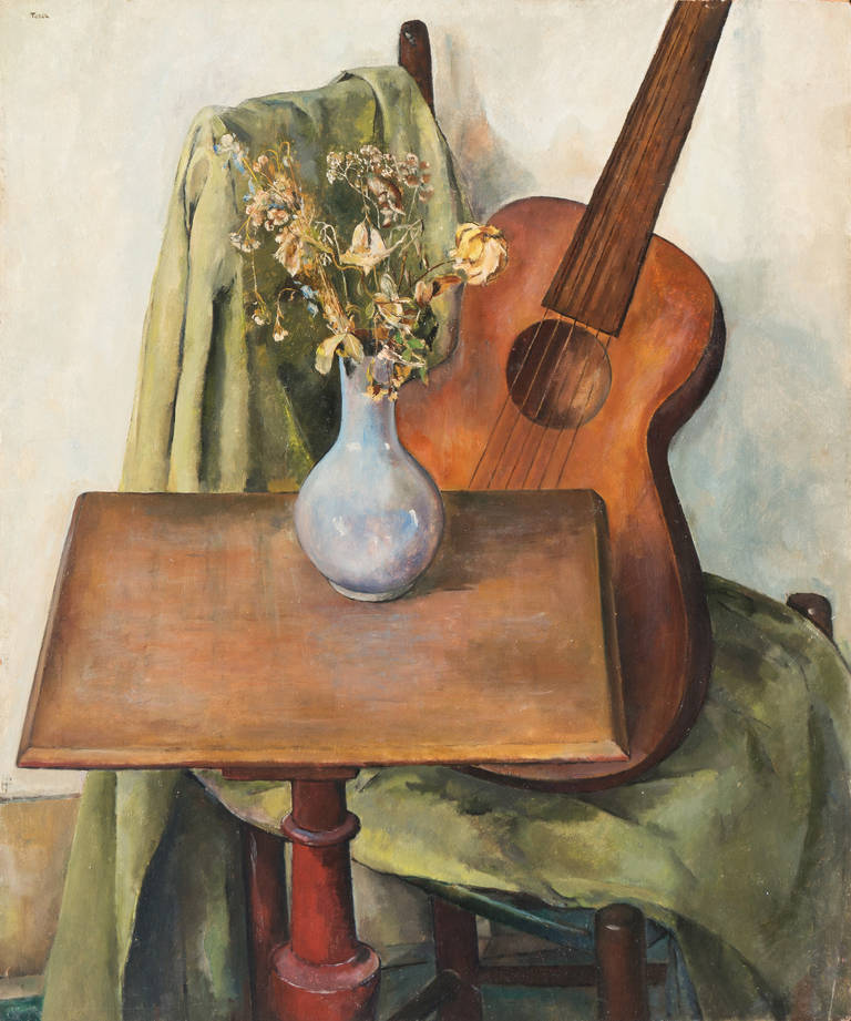 Tosca Olinsky Interior Painting – „Stillleben mit Gitarre“, Art-Déco-Künstlerin, National Academy of Design, ASL