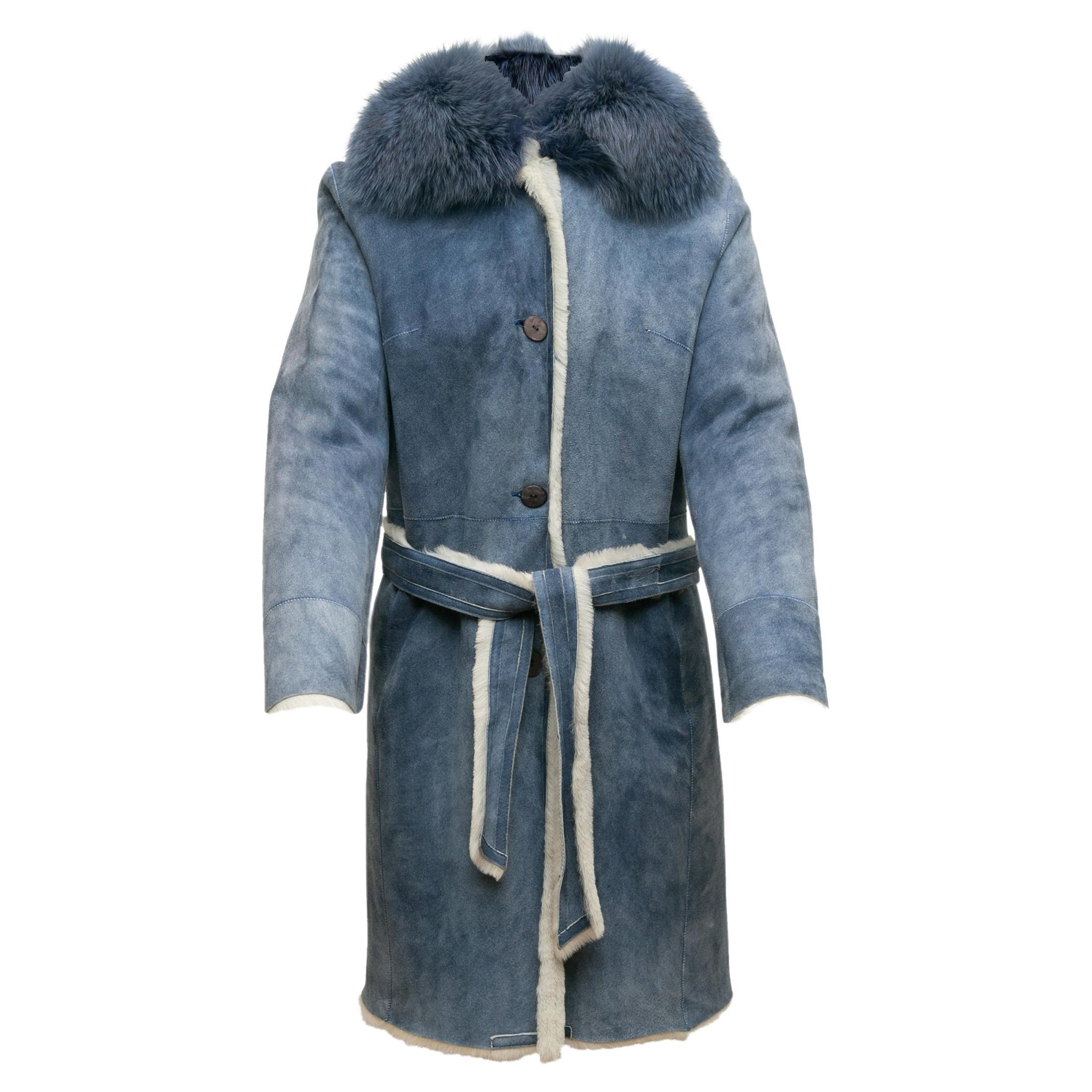 Toscana Reversible Blue & White Shearling & Fox Fur Coat