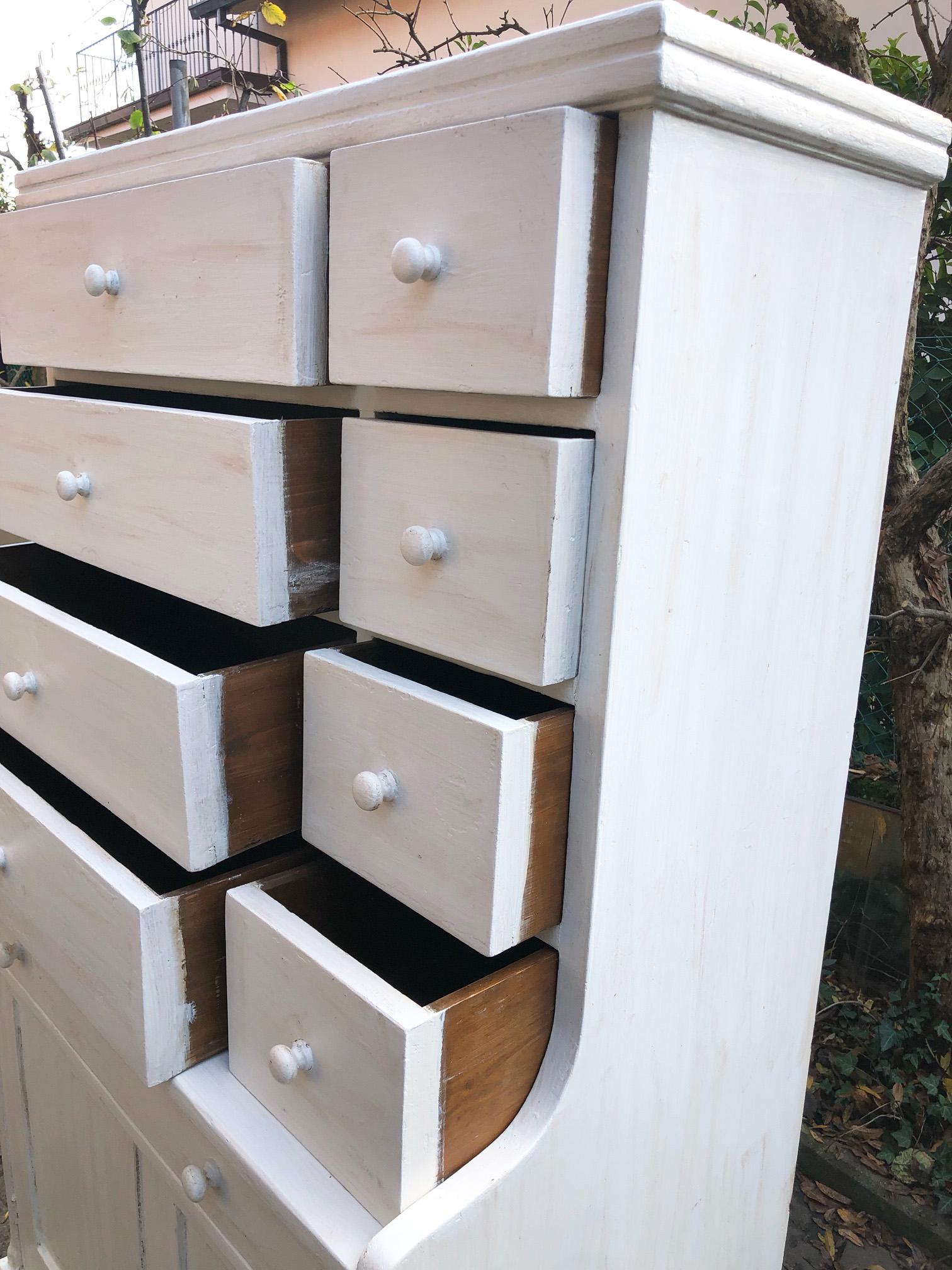 Fir Toscana Sideboard, Antiqued White Colour, with 9 Drawers and Two Doors For Sale