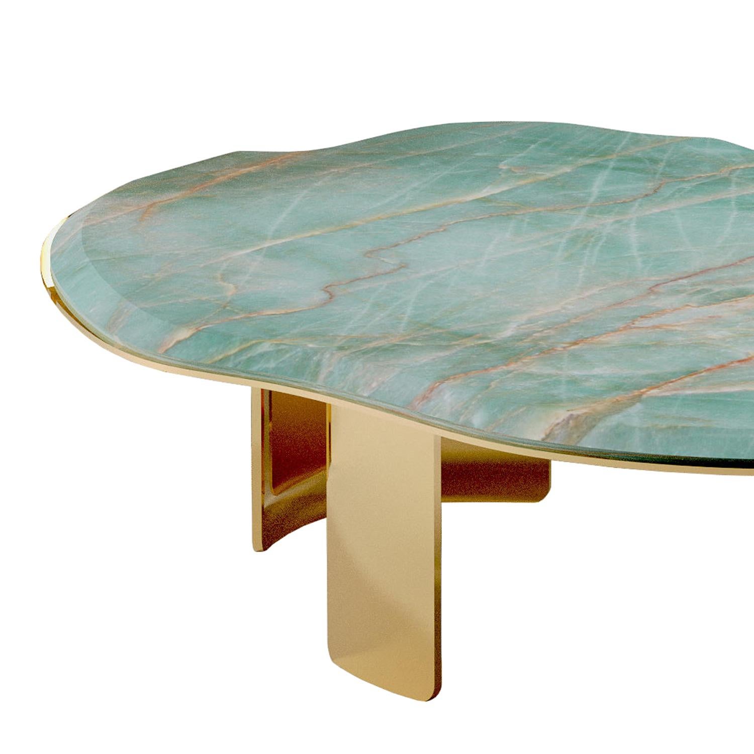 Coffee Table Toscane with elite botanic carved and 
polished marble top and with metal base in gold finish.