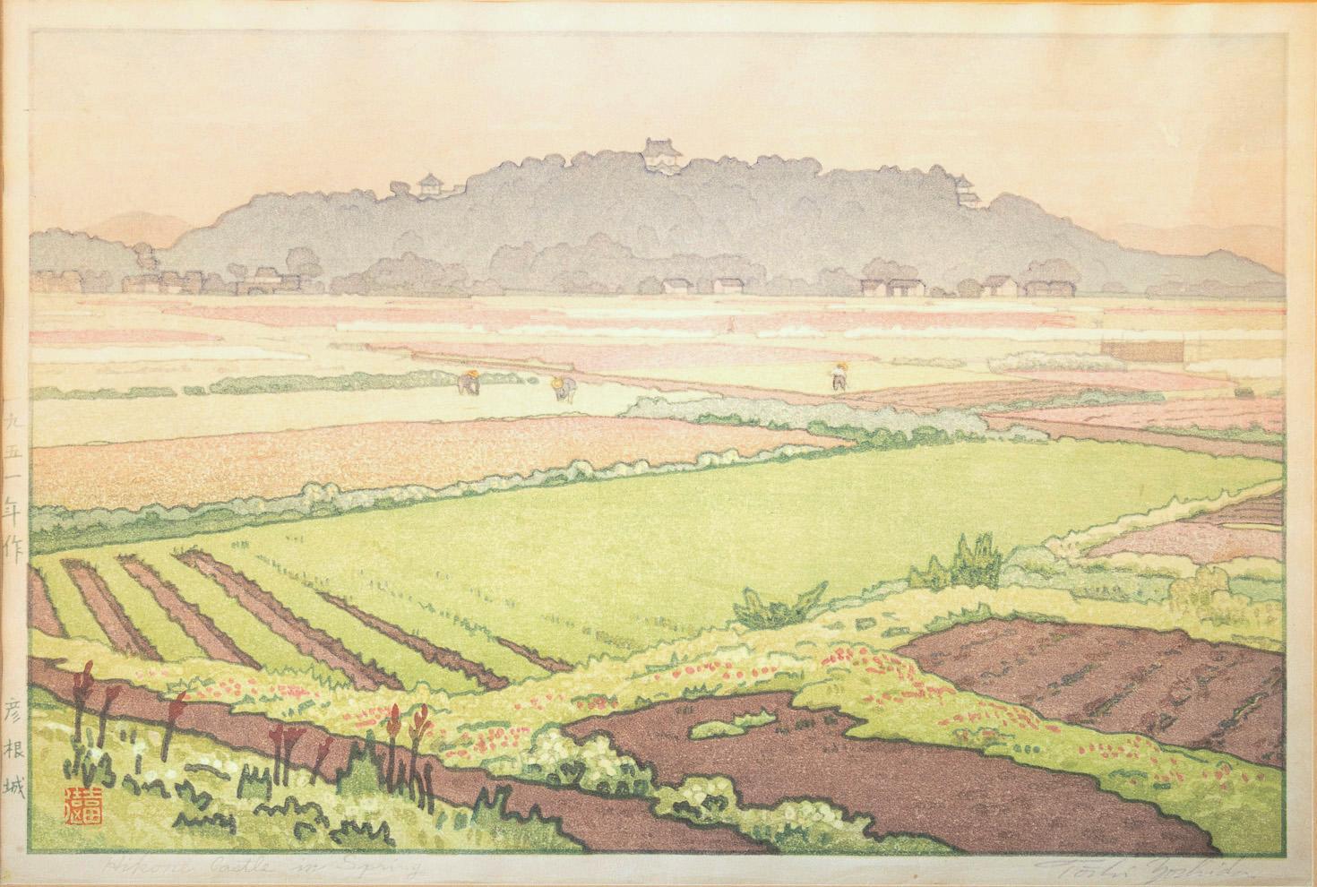 Toshi Yoshida Landscape Print - "Green Farming" Japanese Landscape Woodblock Print