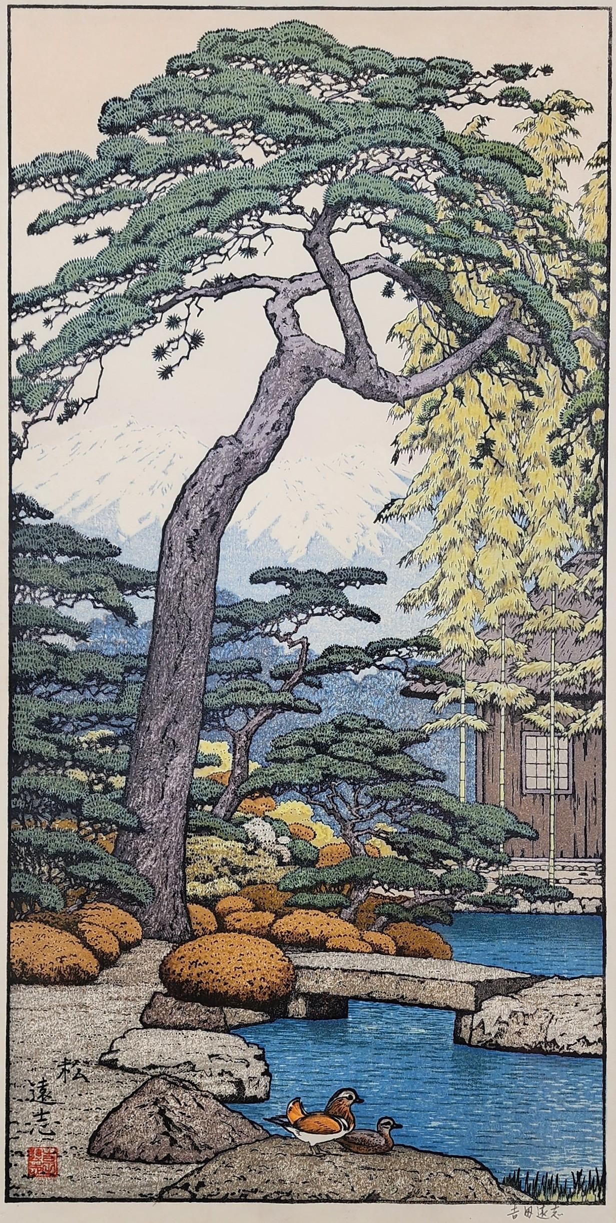 Pine Tree of the Friendly Garden, Japanese Woodblock Print - Beige Landscape Print by Toshi Yoshida