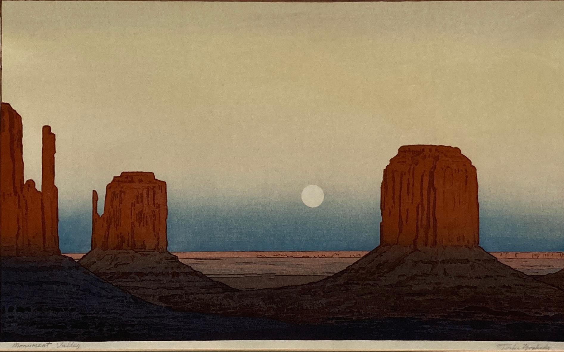Yoshi Toshida (Japanese, 1911-1995),
Monument Valley, 1971
Woodblock in colors
Pencil signed lower right, titled lower left.
Dated and titled in Japanese left margin.
Image: 11.75 x 19.5 inches
Framed: 21.75 x 29.25 inches
Toshi Yoshida was born in