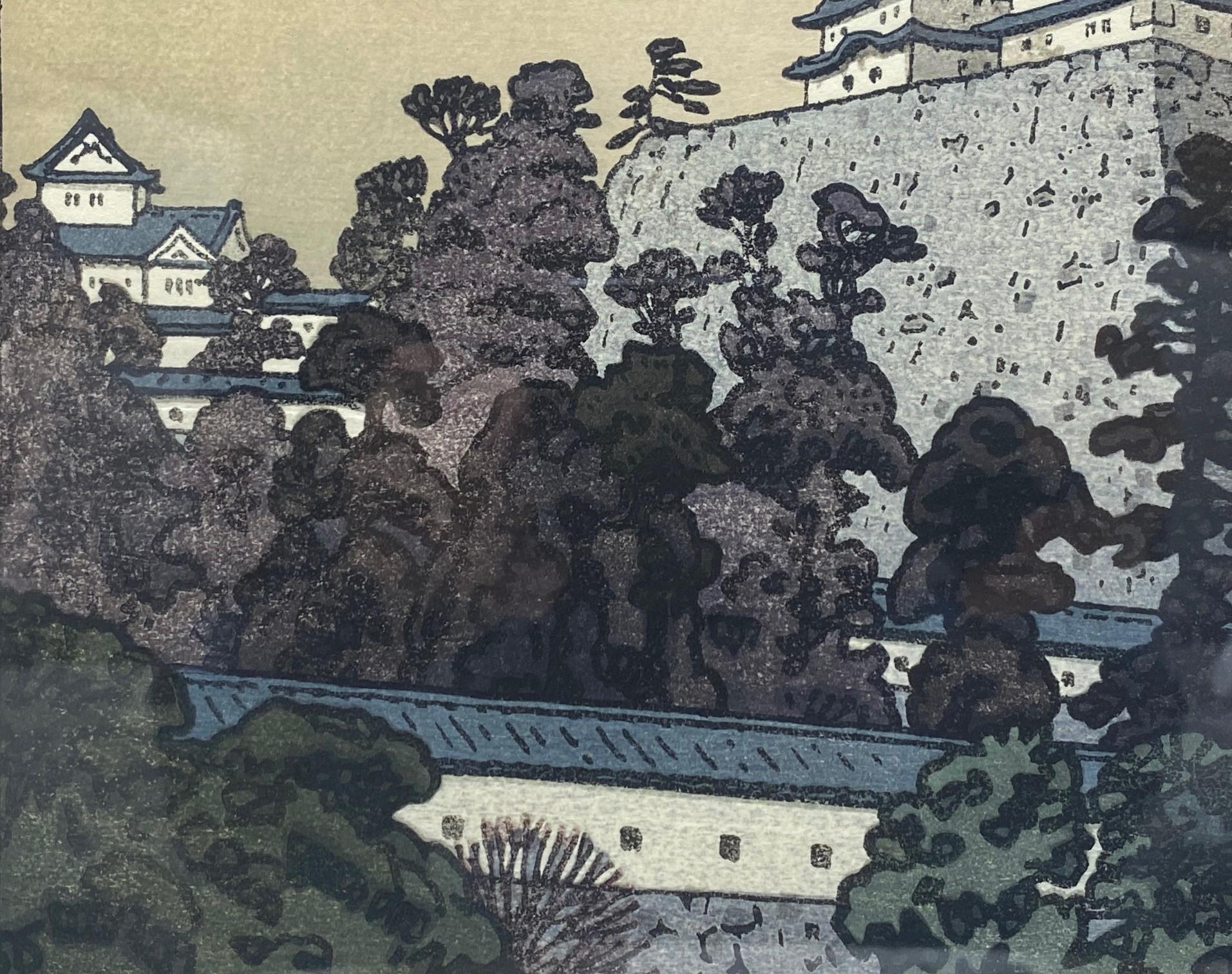 Paper Toshi Yoshida Signed Japanese Showa Woodblock Print Oshiro Castle at Himeji For Sale