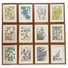 Toshi Yoshida Holzschnittdruck „Flowers & Birds“ Sehr seltenes komplettes Set von 12 Stück