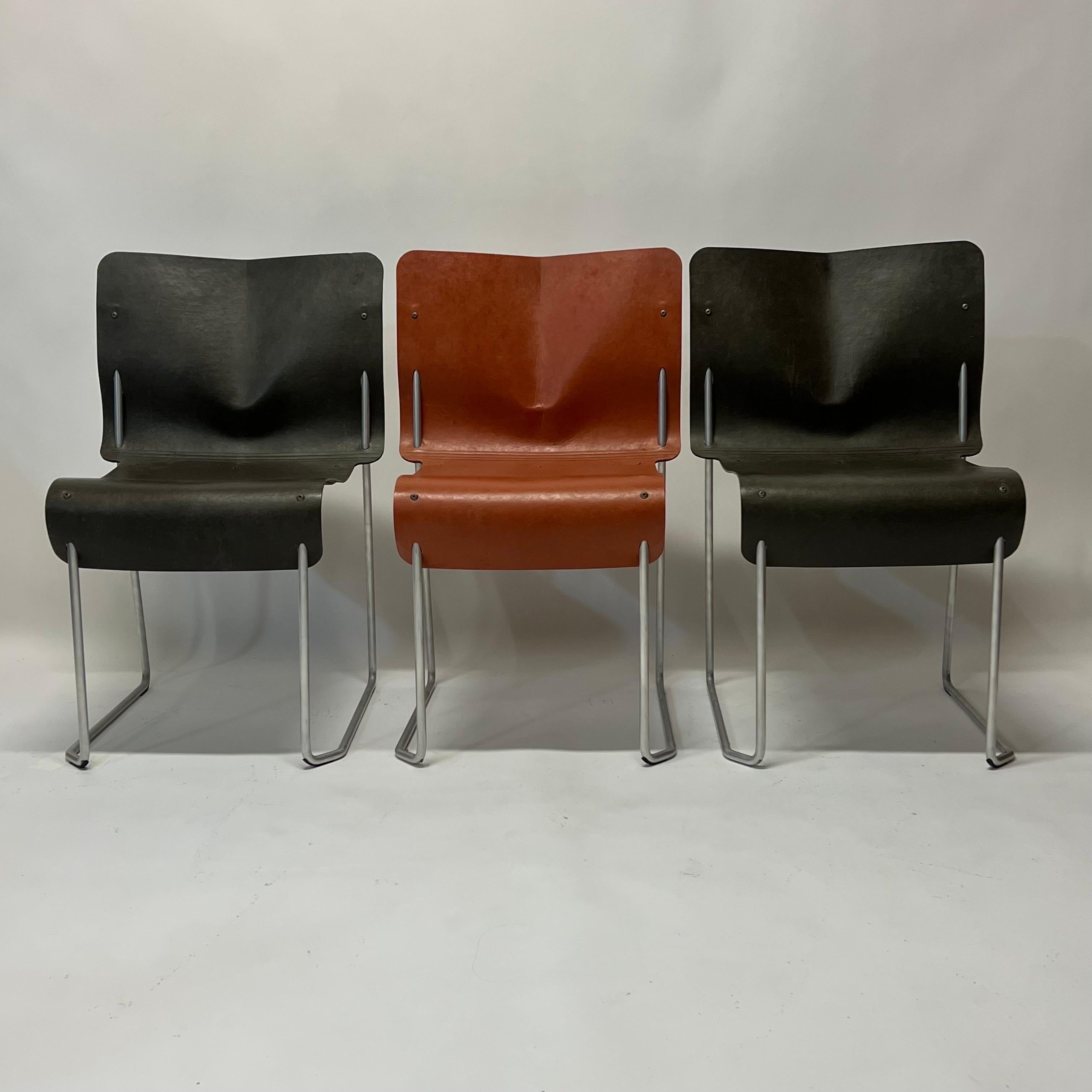 These are fantastic set of six lightweight paper and aluminum stacking chairs by Toshiaki Horio for Muji/Cassina, Japan, circa 1992. Only produced for two years, and only sold in the Asia market, it won a 