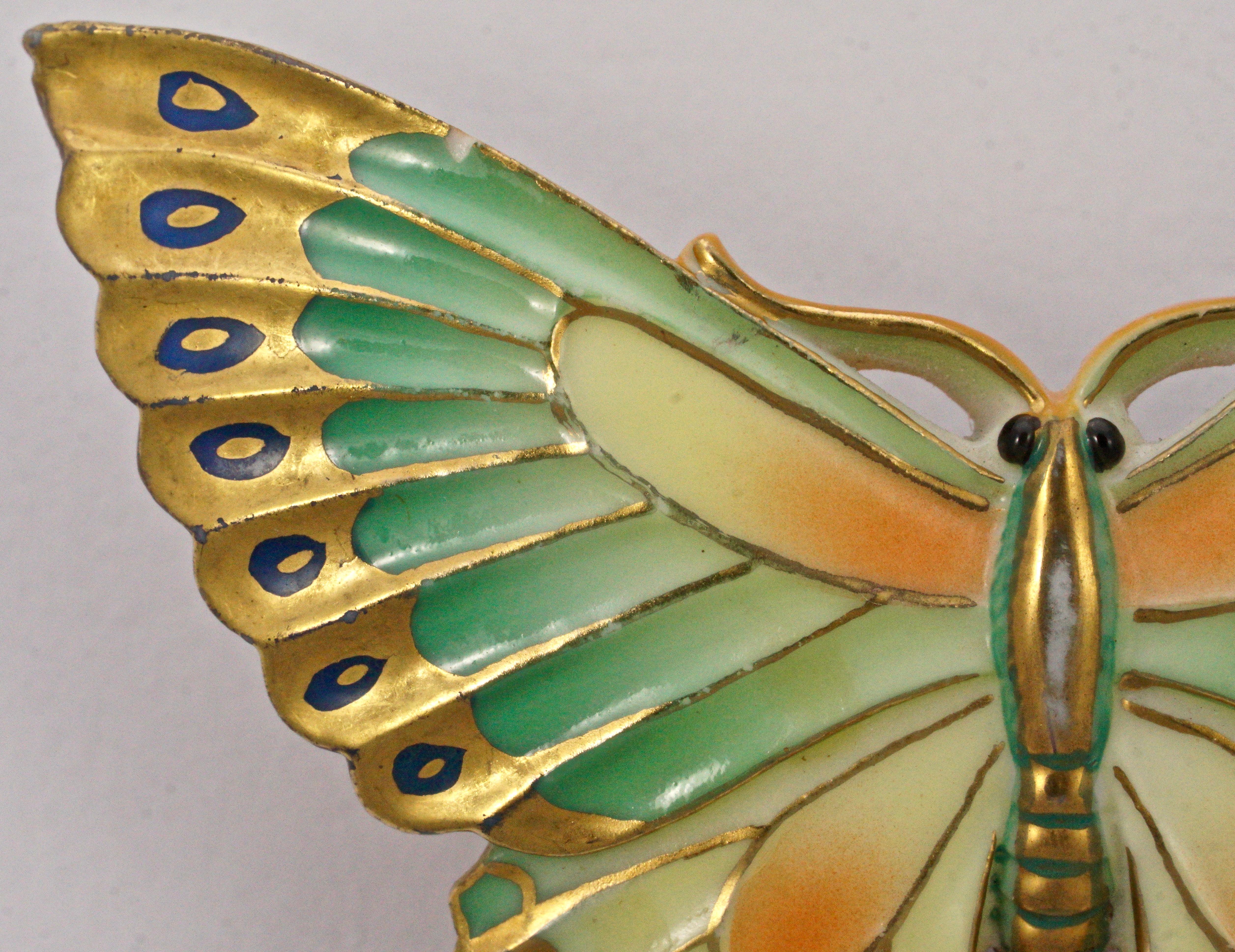 Toshikane Japan Porcelain Multi Coloured Butterfly Brooch with Silver Tone Back In Good Condition In London, GB