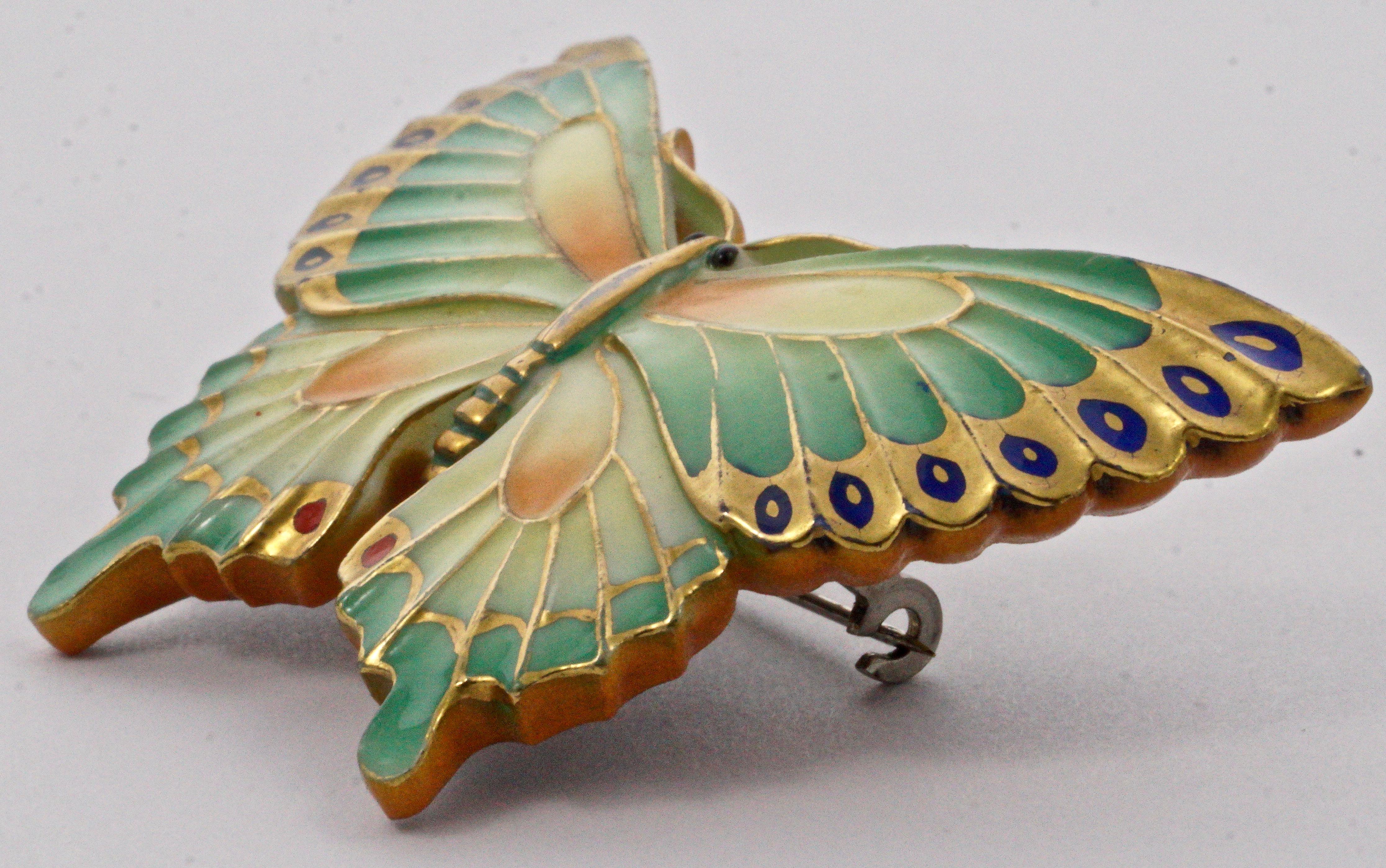 Toshikane Japan Porcelain Multi Coloured Butterfly Brooch with Silver Tone Back 3