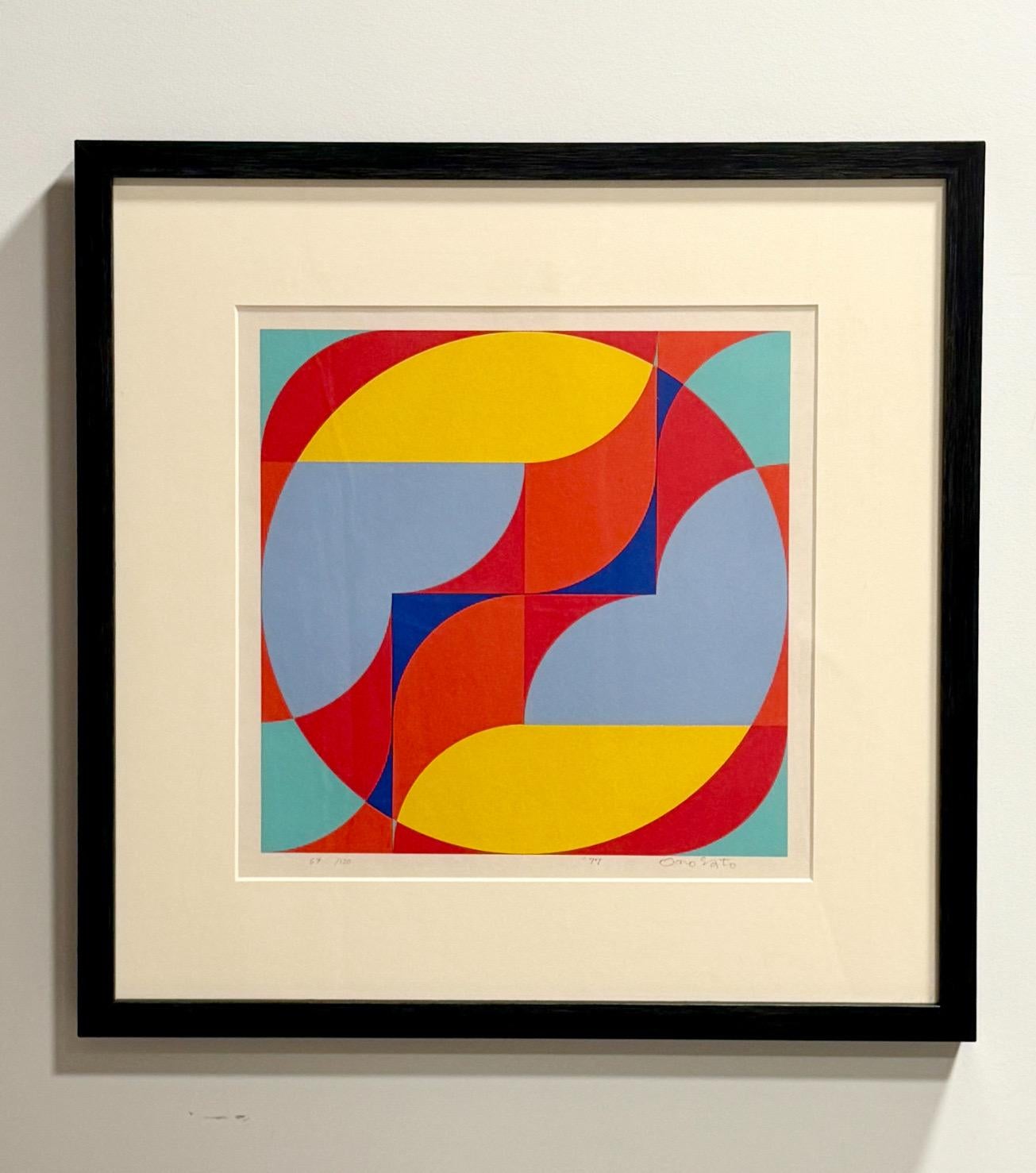 Fantastic geometric abstract screen print by well noted Japanese artist, Toshinobu Onosato c1977. Small edition of 60. Just professionally framed with a gorgeous almost graphite styled wood which fits the piece perfectly. 

Born 1912 in Nagano,