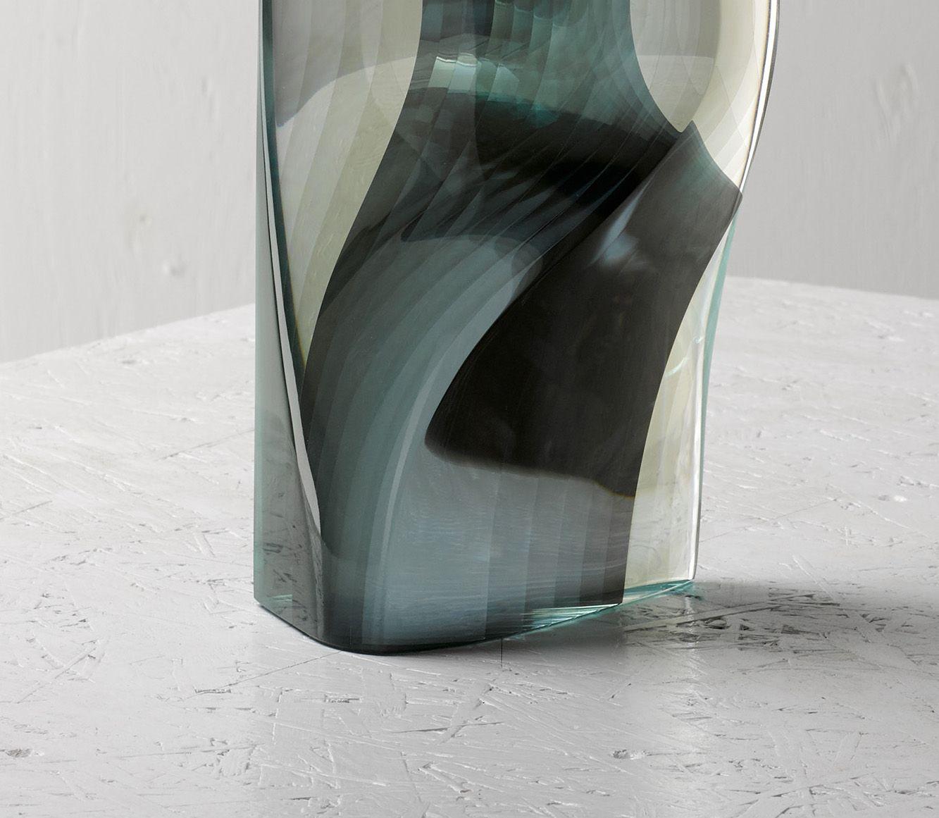 M.160303 by Toshio Iezumi - Glass vertical abstract sculpture, blue, half mirror 5