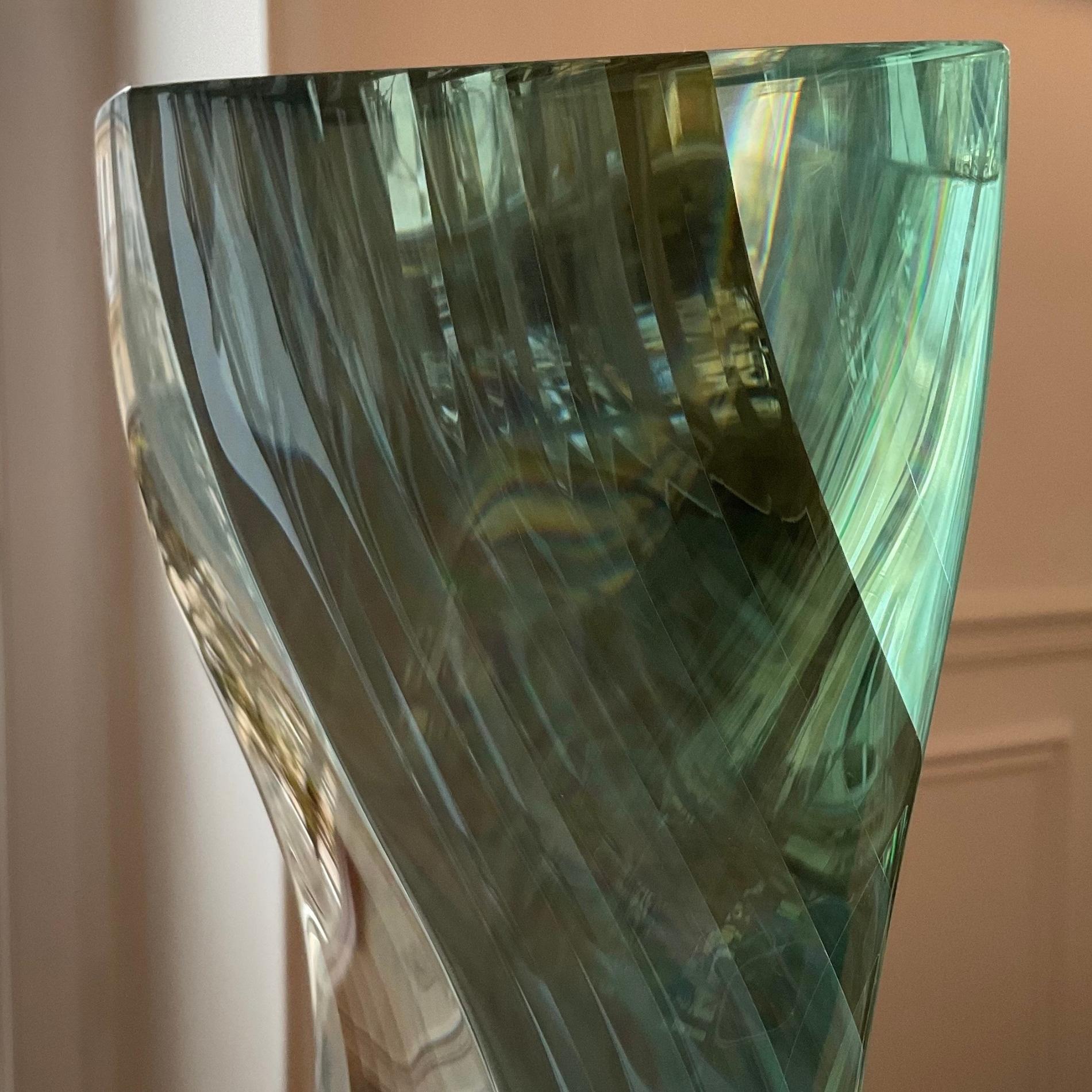 M.160303 by Toshio Iezumi - Glass vertical abstract sculpture, blue, half mirror 7
