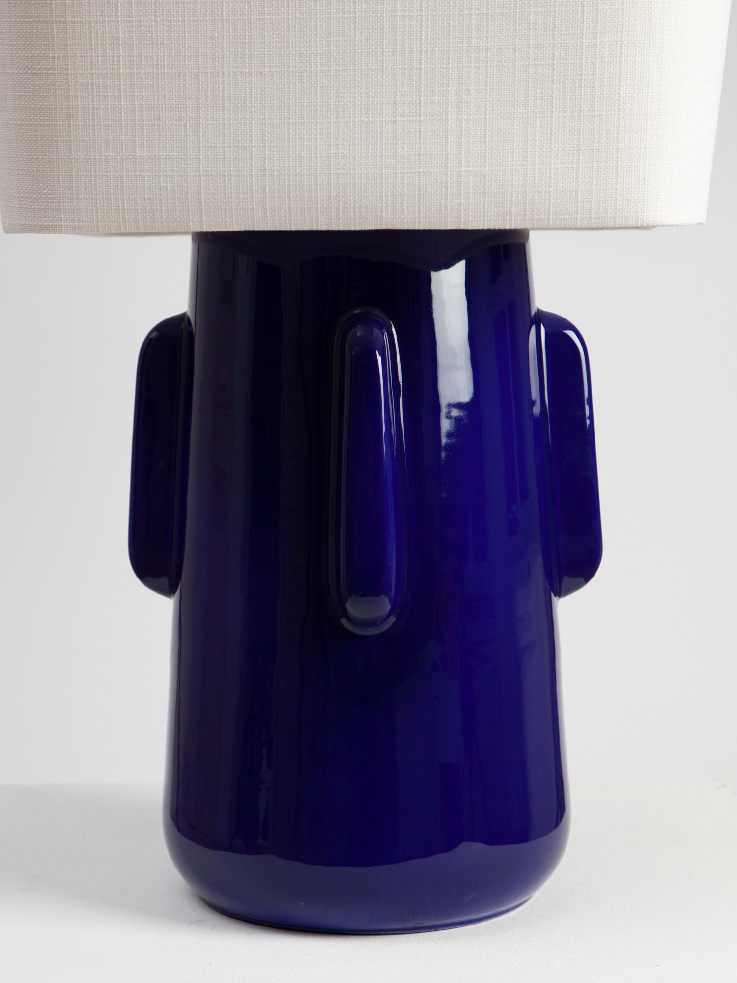 Polished Toshiro Blue Ceramic Lamp Linen Lampshade For Sale