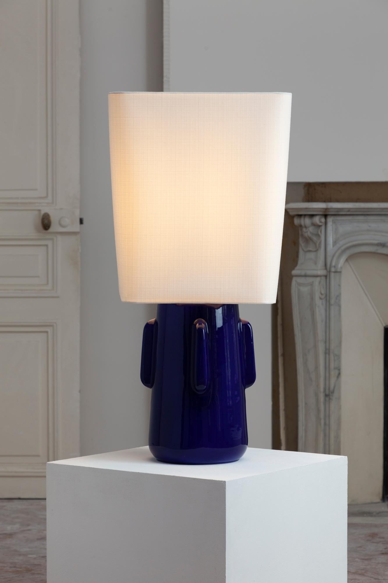 Contemporary Toshiro Blue Ceramic Lamp Linen Lampshade For Sale