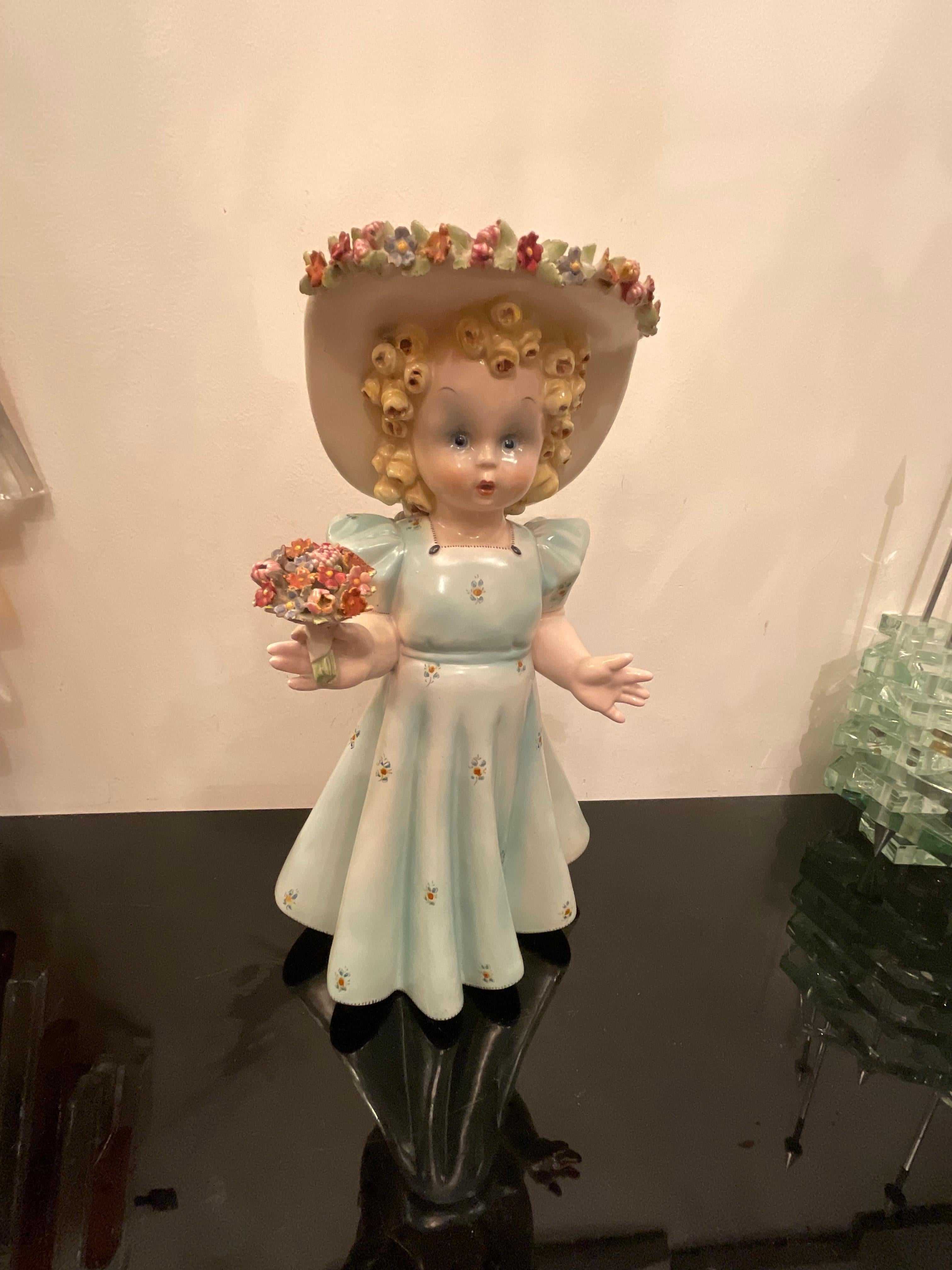 Enameled TOSIN LA FRECCIA - Polychrome ceramic baby girl - Veneto 1940 - Made in Italy For Sale