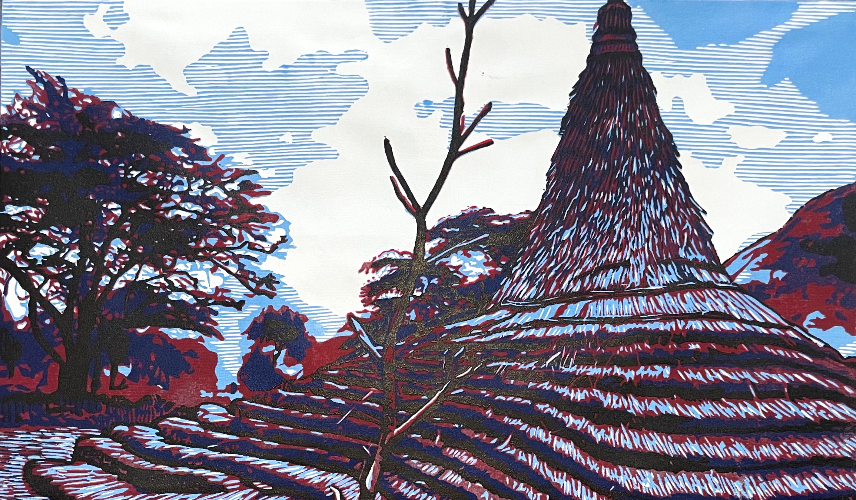 ÀSÁLĘ (Anochecer) - Siglo XXI, Contemporáneo, Figurativo, África, Cabaña, Linograbado - Print Antiguos maestros de Tosin Oyeniyi 