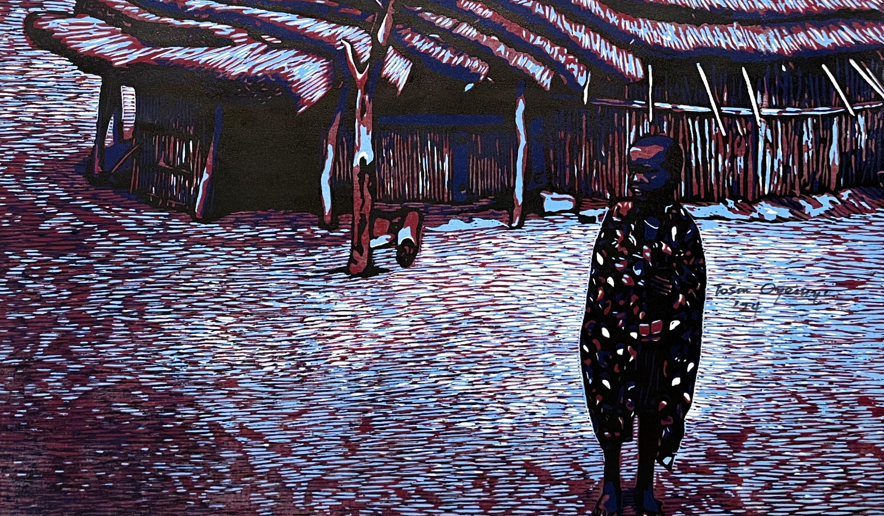 ÀSÁLĘ (Anochecer) - Siglo XXI, Contemporáneo, Figurativo, África, Cabaña, Linograbado - Figurative Print Negro de Tosin Oyeniyi 