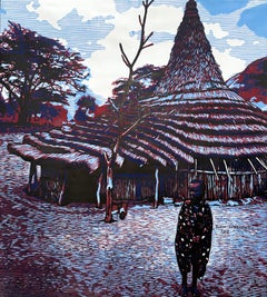ÀSÁLĘ (Nightfall) - 21st Century, Contemporary, Figurative, Africa, Hut, Linocut